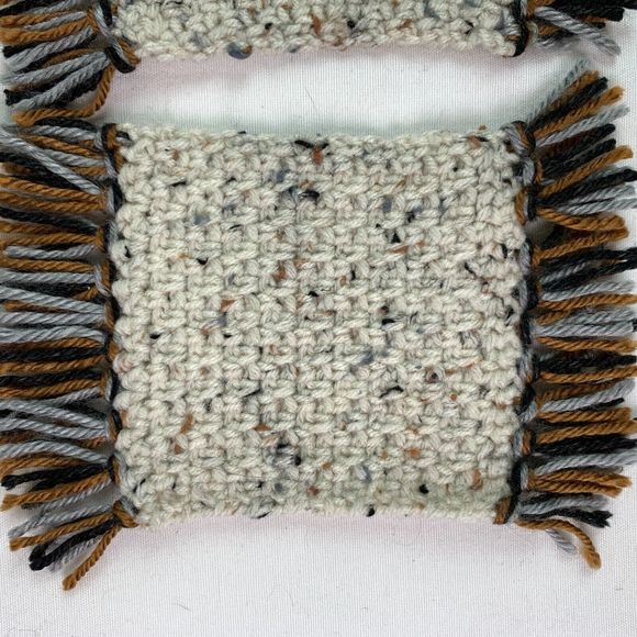 Mug Rugs Handmade Crochet Brown Gray Variegated Felt Backed Fringe 4 Coasters - Picture 5 of 11
